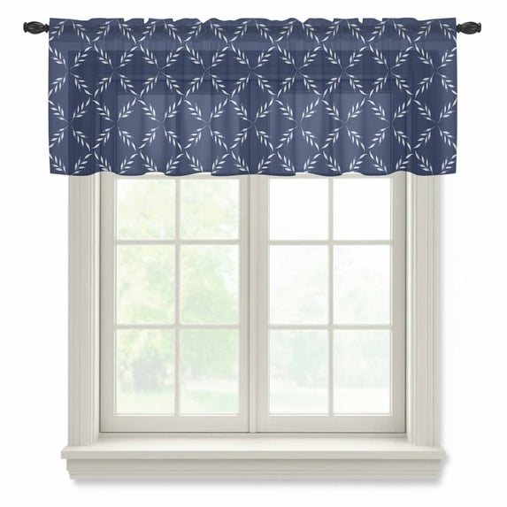 Navy Blue Sheer Curtains Valances for Windows Geometric Leaf Diamond Plaid Abstract Check Chiffon Kitchen Valances for Cafe, Voile Window Treatments Curtains for Living Room Bedroom, 60"x18"
