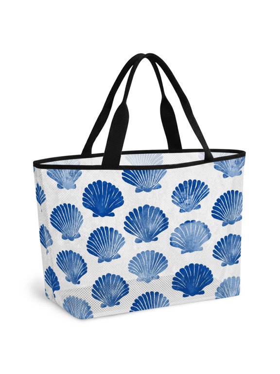 Navy Blue Shell Coastal Beach Bag for Women, Large Breathable Mesh Beach Tote Bag, Summer Beach Ocean Conch Sandproof Lightweight Travel Bags for Vacation Picnic Swimming Pool 15.7"x15.7"x9.1"