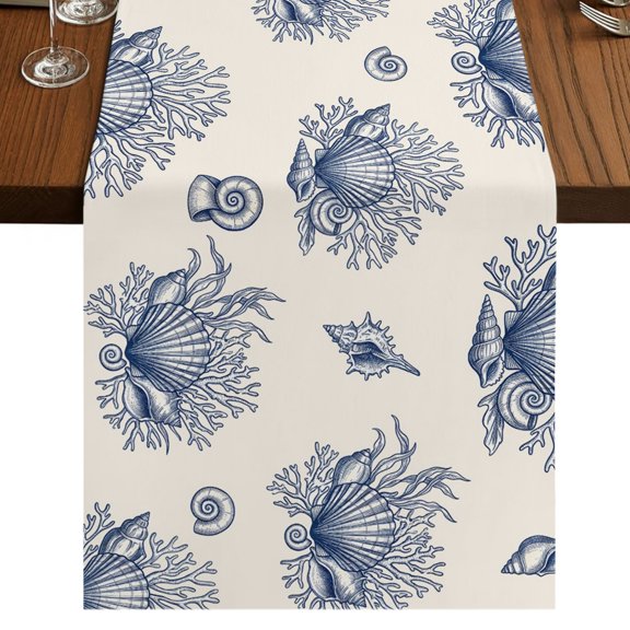 Navy Blue Shell Coastal Burlap Cotton Table Runner 13x36 Inches Short, Summer Beach Ocean Beige Seaside Farmhouse Table Runners, Outdoor Dining Table Decor for Baby Shower/Party/Wedding
