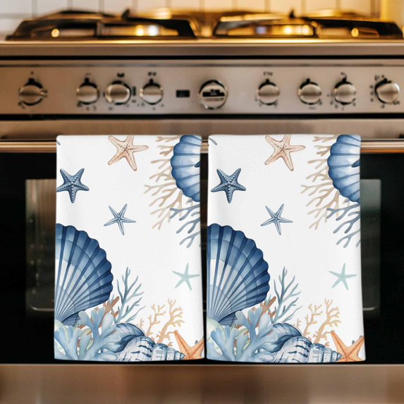 Navy Blue Shell Coastal Kitchen Towels Set of 1, Starfish Coral Summer Ocean Nautical Absorbent Dish Towels for Kitchen, Microfiber Hand Towel, Quick Drying Tea Towel for Cleaning Dishcloths