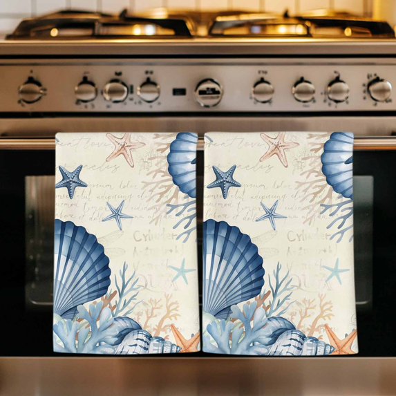 Navy Blue Shell Coastal Kitchen Towels Set of 2, Beige Starfish Coral Summer Beach Absorbent Dish Towels for Kitchen, Microfiber Hand Towel, Quick Drying Tea Towel for Cleaning Decorative Dishcloths