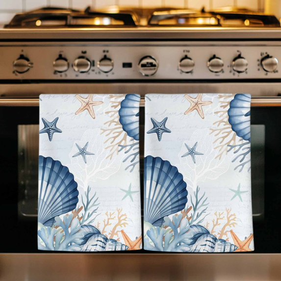 Navy Blue Shell Coastal Kitchen Towels Set of 4, Starfish Coral Summer Beach Nautical Absorbent Dish Towels for Kitchen, Microfiber Hand Towel, Quick Drying Tea Towel for Cleaning Dishcloths