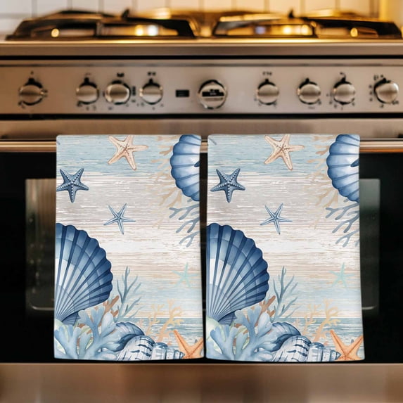 Navy Blue Shell Coastal Kitchen Towels Set of 4, Starfish Coral Summer Beach Ocean Absorbent Dish Towels for Kitchen, Microfiber Hand Towel, Quick Drying Tea Towel for Cleaning Decorative Dishcloths