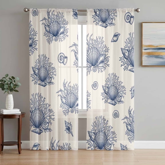 Navy Blue Shell Coastal Sheer Curtains 63 Inch Length 2 Panels Set, Summer Beach Ocean Beige Seaside Voile Window Treatment Rod Pocket Curtains Sheers Drapes for Bedroom/Living Room/Kitchen 52x"63"x2