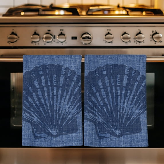 Navy Blue Shell Kitchen Towels Set of 4, Coastal Summer Beach Ocean Buralp Absorbent Dish Towels for Kitchen, Microfiber Hand Towel, Quick Drying Tea Towel for Cleaning Decorative Dishcloths