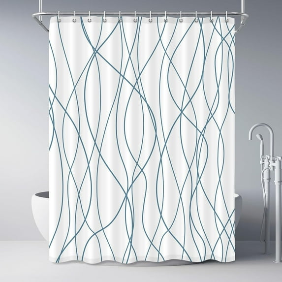 Navy Blue Shower Curtain for Bathroom with Hooks, Extra Long Shower Curtain Set Stripe Bath Curtains Decor White Shower Curtains Weighted Hem Water Repellent Washable, 72x84