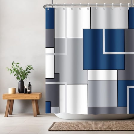 Navy Blue Shower Curtain Blue Grey White Geometric Abstract Shower Curtains for Bathroom Decor 72W x 72 L Inches Men Modern Waterproof Fabric Shower Curtains