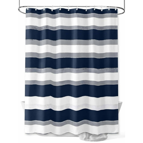 Navy Blue Shower Curtain, and Grey Stripe Abstract Geometric Striped Waterproof Shower Curtain Set with 12 Hooks Lightweight Washable Fabric Shower Curtains for Bathroom 36x72 Inches