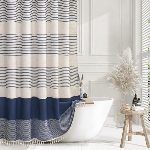 Navy Blue Shower Curtain Linen Coastal Ocean Striped Shower Curtains for Bathroom with Tassel 72 X 72