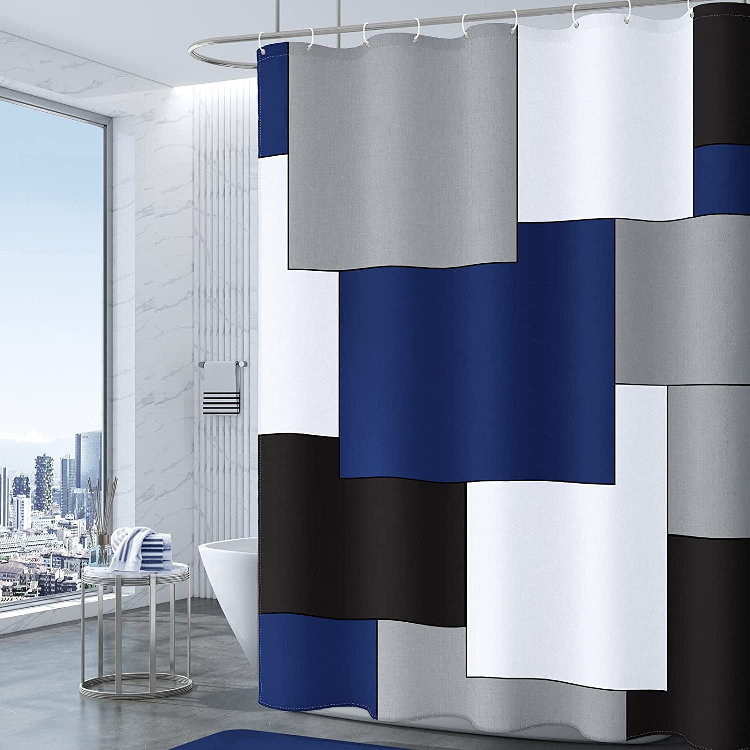 Navy Blue Shower Curtain Modern Bathroom Accessories Decor Black and