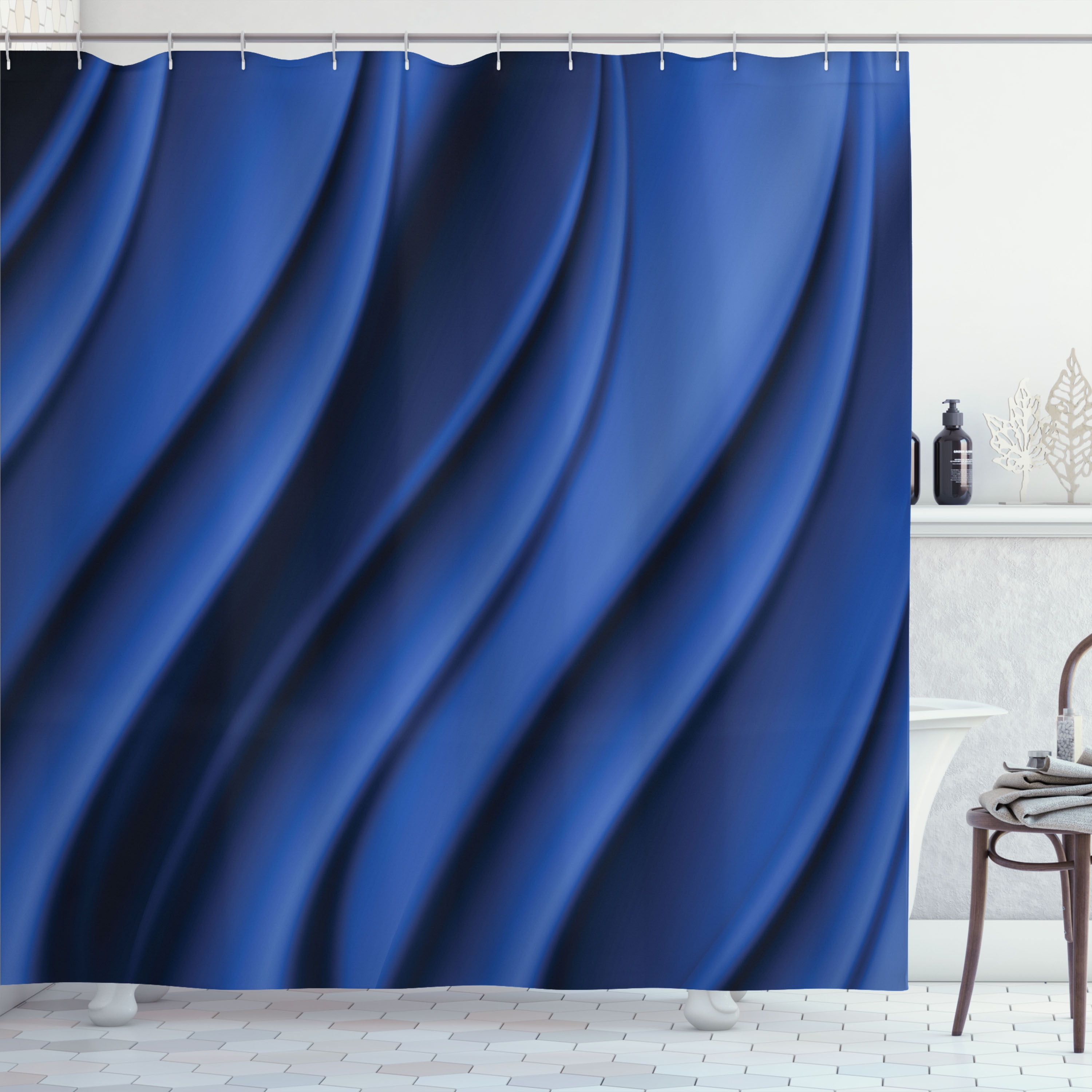 Navy Blue Shower Curtain, Ocean Waves Inspired Design with Digital