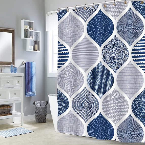 Navy Blue Shower Curtain Set, Boho Shower Curtain, Royal Blue Abstract Shower Curtain for Bathroom Decor, Bohemian Moroccan Geometric Cloth Shower Curtain, 72 x 72