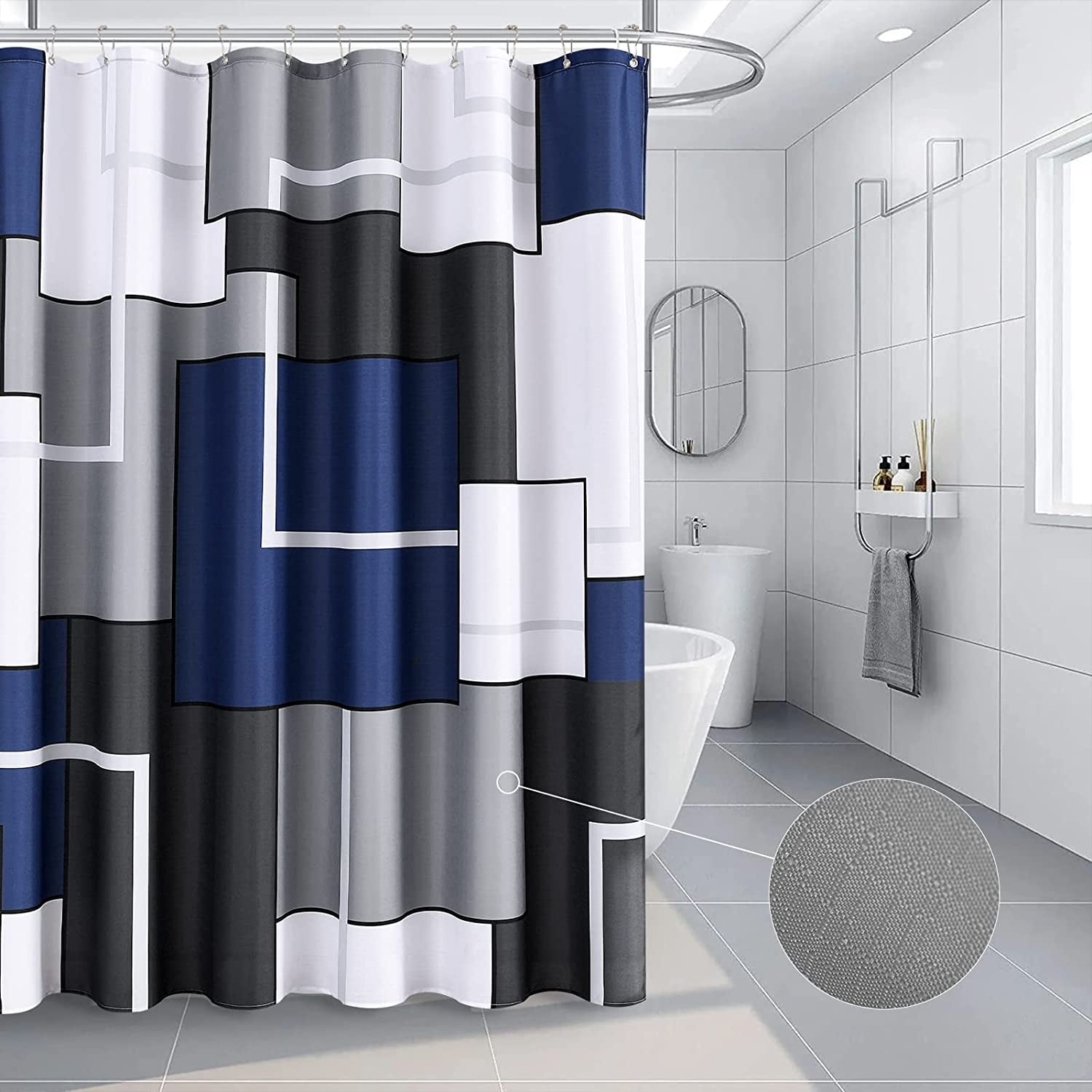 Navy Blue Geometric Shower Curtain Set, Water Repellent Fabric, 72x84 Inches with Hooks ...