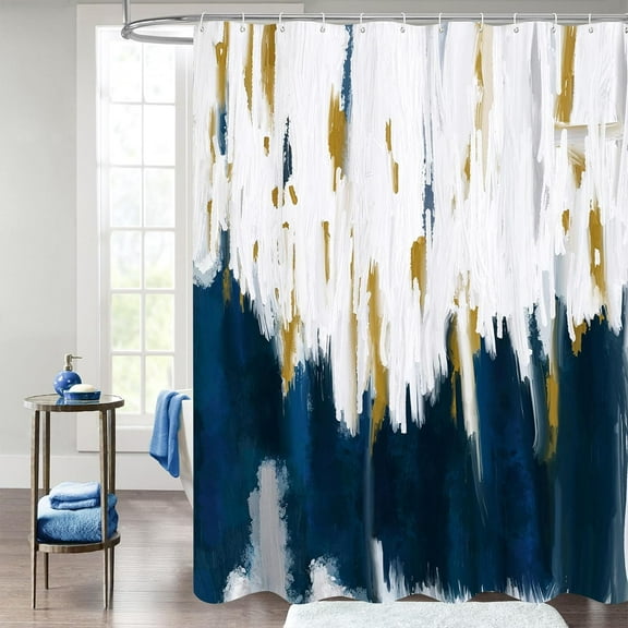 Navy Blue Shower Curtains for Chic Modern Abstract Bathroom Decor, Dark Blue Fabric Shower Curtain, Brush Strokes Oil Painting Style, 72 x 72