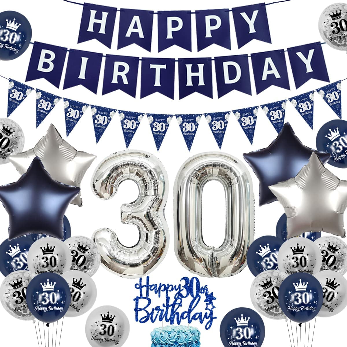 Navy Blue and Silver 30th Birthday Decorations for Men Women Happy 30th ...
