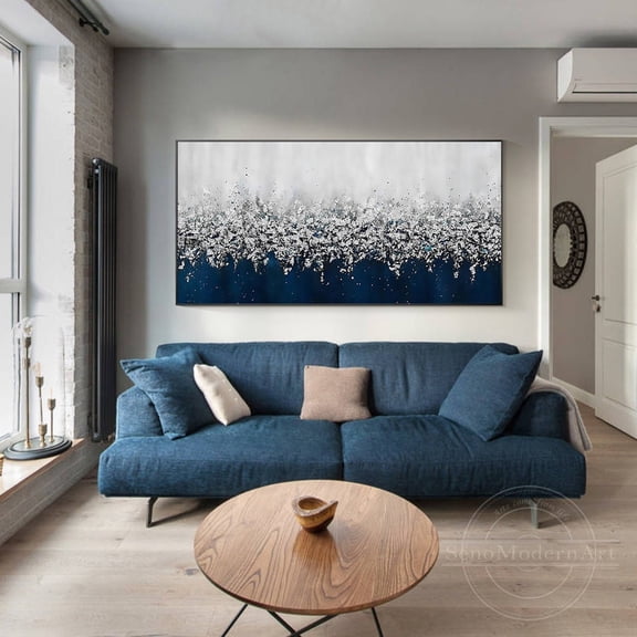 Navy Blue Silver Abstract Wall Art Print