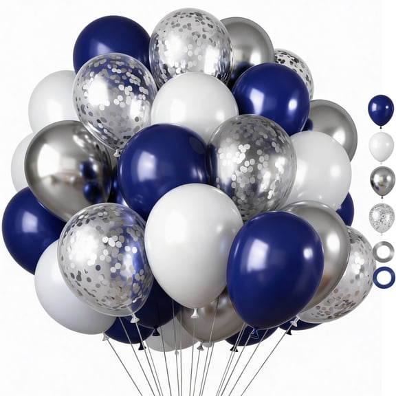 Navy Blue Silver Balloons, 65PCS 12 Inches Navy Blue White Metallic Silver Chrome Party Balloons with Ribbons for Birthday, Wedding, Graduation Cowboys Decorations