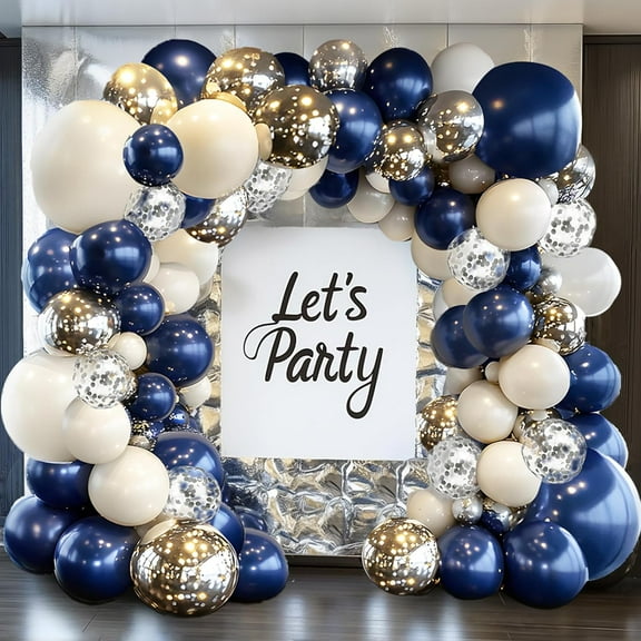 Navy Blue Silver Balloons Arch Kit, Double Stuffed Pearl White Royal Dark Blue Silver Chrome with Confetti Balloons Garland Kit for Birthday Wedding Graduation Father's Day Decorations