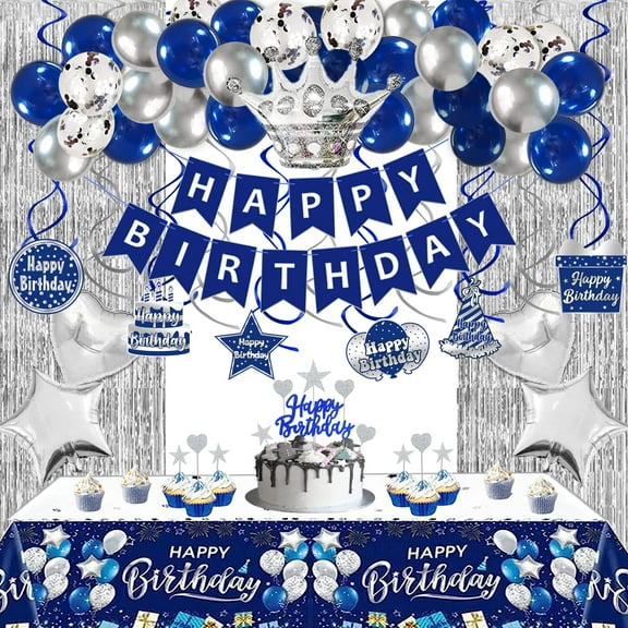 Navy Blue and Silver Birthday Decorations for Men Women, Blue Birthday Decorations for Men with Happy Birthday Banner Tablecloth Balloons Fringe Curtains Hanging Swirls Cake Toppers Y114
