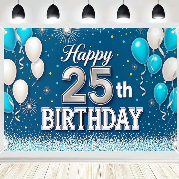 Navy Blue Silver Happy 25th Birthday Backdrop Confetti Balloon Polyester Banner for 25th Birthday Party Photo Wall Decoration 6x4ft