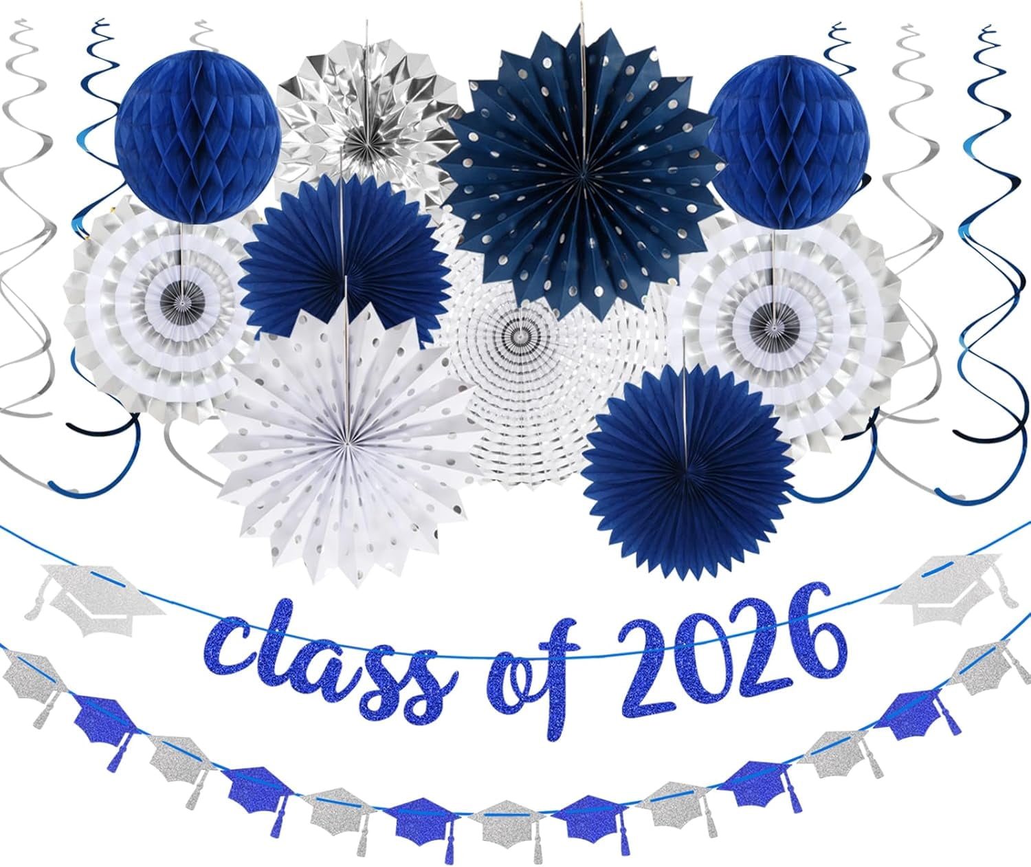 Navy-Blue Silver Party-Decorations Graduation Banner-Streamers - 18pcs Kits Class of 2026 Garland, Paper Tissue Pom Poms Fan, Honeycomb Lanterns Congrate Grad Congratulations Decor