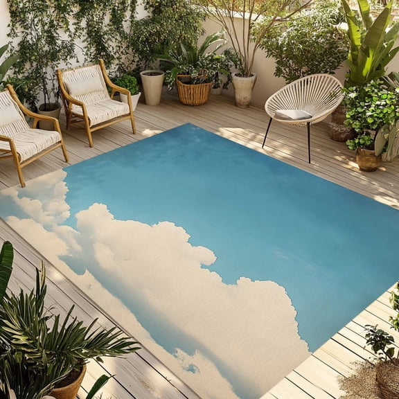 Navy Blue Sky Outdoor Rug 5x8 Ft - Reversible Patio Rug Outdoor Camping Rugs, Vintage Modern Nature Clouds Scenery Washable Indoor Outdoor Area Rugs, Non-Slip Outdoor Carpet Runner for Deck/Porch