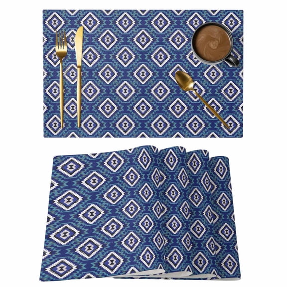 Navy Blue Slate Diamonds Cotton Linen Placemats Set of 1, Abstract Vintage Minimalist Geometric Grid Washable Table Place Mats Heat Insulating Placemat for Dining Room Kitchen Daily Use 13 x 19 Inch