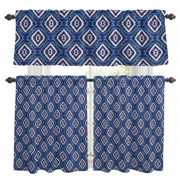 Navy Blue Slate Diamonds Kitchen Curtains Valances 3 Piece Set, Abstract Vintage Minimalist Geometric Grid Rod Pocket Tier Curtain and Valance Drapes for Small Window 24 Inch Length for Bedroom Cafe
