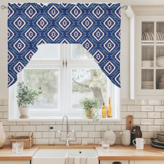 Navy Blue Slate Diamonds Swag Valance for Windows, Abstract Vintage Minimalist Geometric Grid Swag Curtains Valances for Small Window Treatment Rod Pocket for Kitchen Bathroom 1 Panel 56x36in