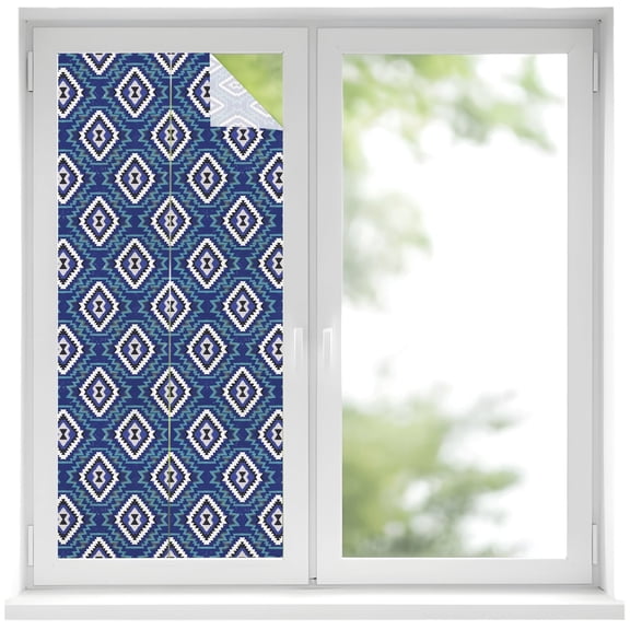 Navy Blue Slate Diamonds Window Privacy Film, Abstract Vintage Minimalist Geometric Grid Frosted Glass Window Clings Static Cling UV Heat Blocking Reusable Door Sticker for Bathroom 19.6 x 39.3 Inch