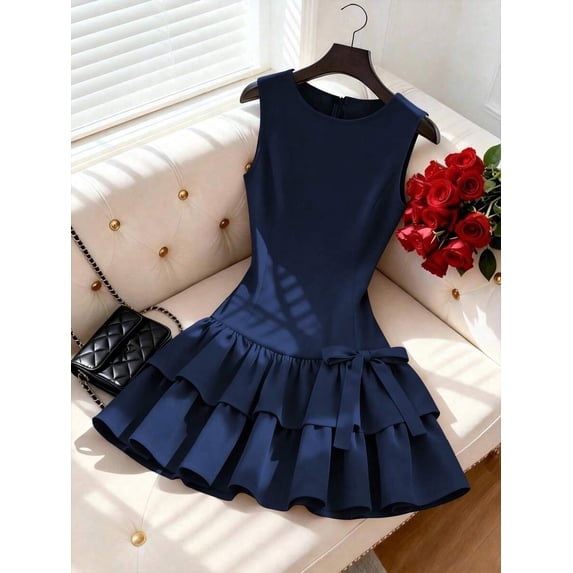 Navy Blue Sleeveless Fit & Flare Mini Dress With Tiered Ruffle Skirt And Bow Detail