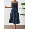 thumbnail image 1 of Navy Blue Sleeveless Pleated Midi Dress With Ruffle Bust For Women, 1 of 6