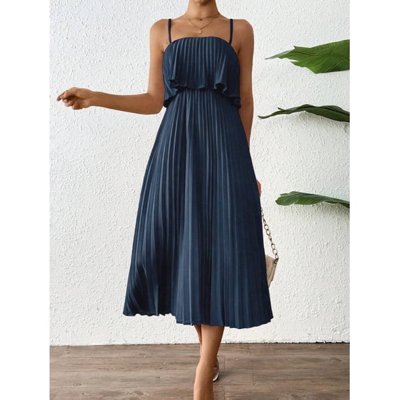 Navy Blue Sleeveless Pleated Midi Dress With Ruffle Bust For Women