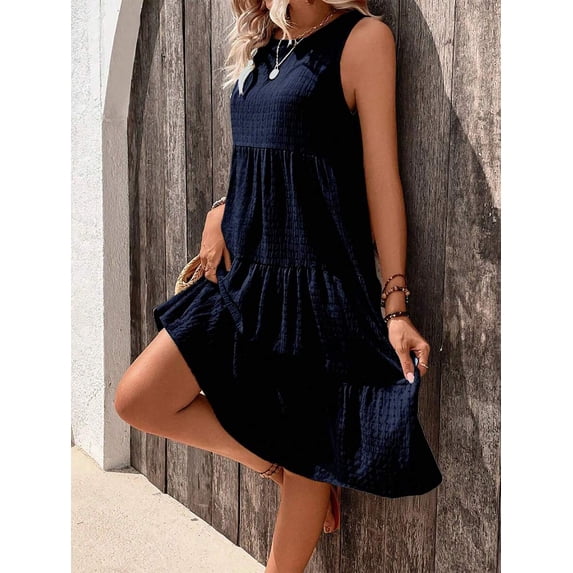 Navy Blue Sleeveless Round Neck Smocked Woven Midi Dress With Flounce Hem For Women