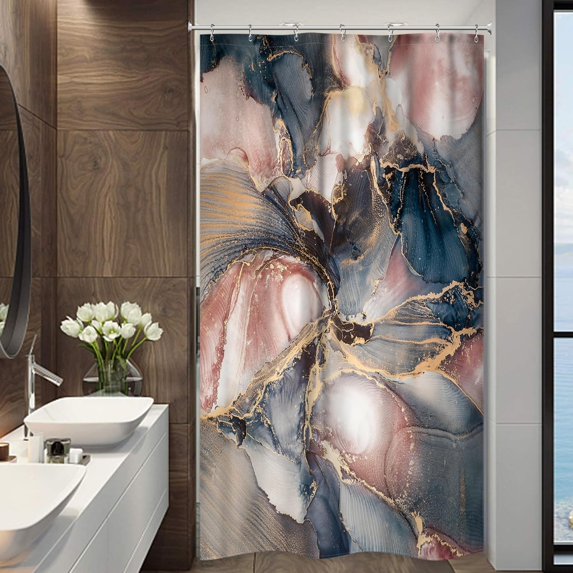 Navy Blue Small Stall Marble Purple Shower Curtain for Bathroom Decor 36Wx72H Narrow Abstract Pink Modern Marble Half Rv Ombre Art Printed Fabric Polyester Waterproof 7 Pack Plastic Hooks