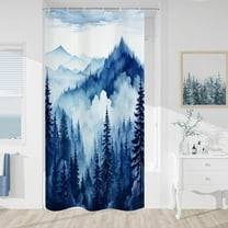 Navy Blue Small Stall Misty Pine Forest Shower Curtain 36 x 72, Mountain Foggy Woodland Scenery Tree Narrow Half Size Shower Curtains for Bathroom, Waterproof Nature-Themed Decor