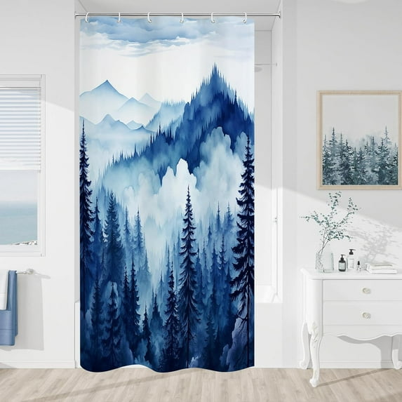 Navy Blue Small Stall Misty Pine Forest Shower Curtain 36 x 72, Mountain Foggy Woodland Scenery Tree Narrow Half Size Shower Curtains for Bathroom, Waterproof Nature-Themed Decor