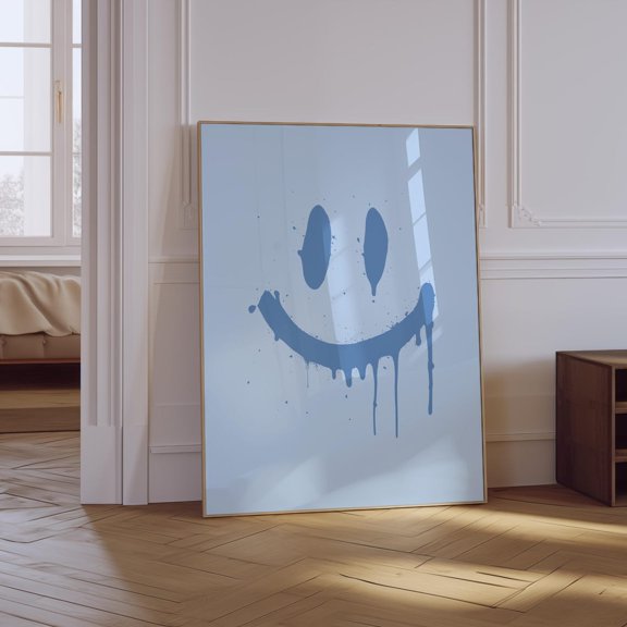 Navy Blue Smiley Face Graffiti Unframed Paper Print