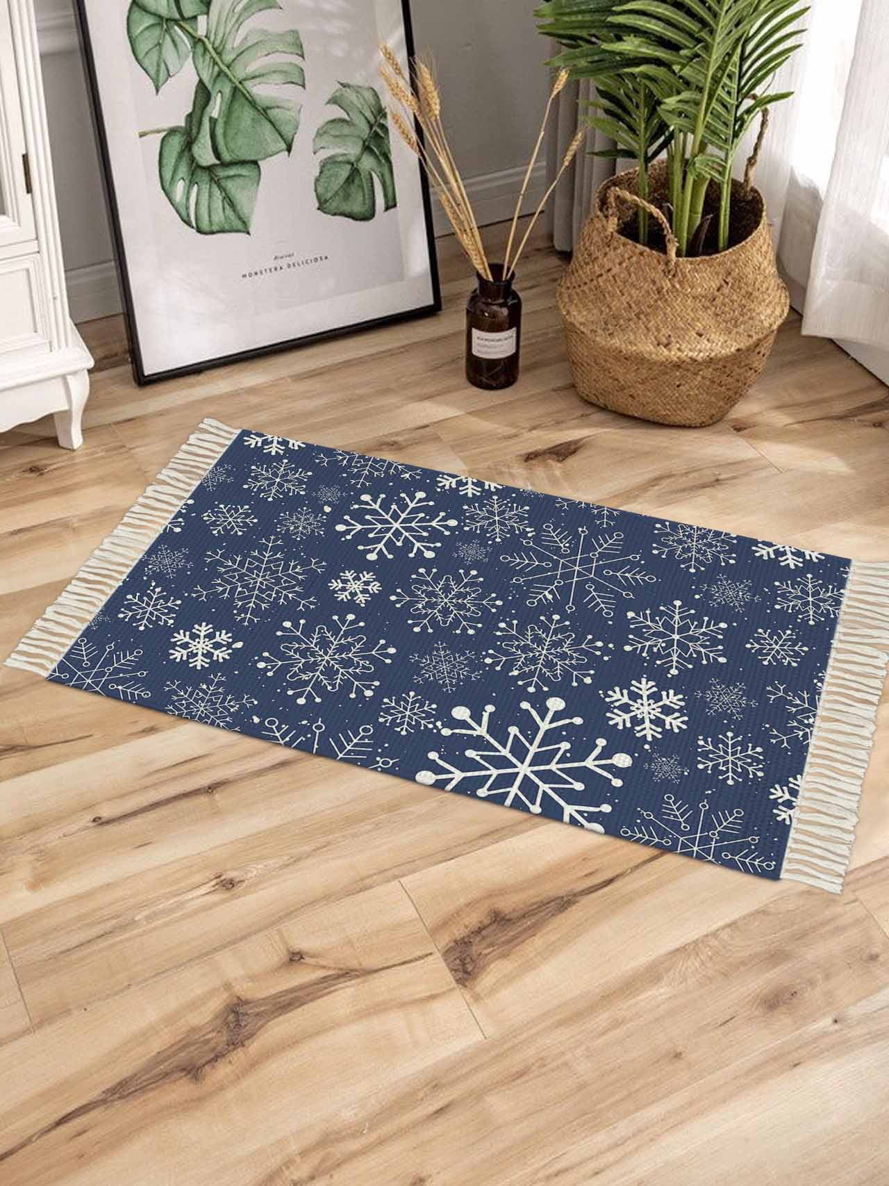 Round Blue Snowflake Rug Navy Blue Snowflake Christmas Bath Rug 2x3ft Woven Bathroom Entryway ...