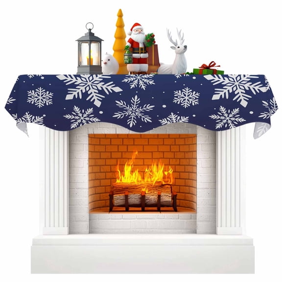 Navy Blue Snowflake Christmas Fireplace Mantle Scarf, Winter Xmas Snowflakes Mantel Cover Table Runner for Home Living Room Door Window, Indoor Outdoor Holiday Party Decor 17" x 90"