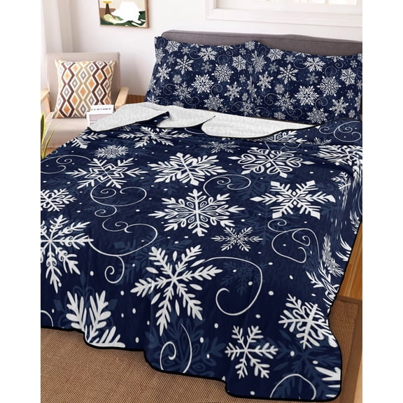 Navy Blue Snowflake Christmas King Size Down Alternative Comforter, Lightweight Comforter Quilt Bedding Set with Pillow Shams Xmas White Snowflake All Seasons Bed Comforter Duvet Insert 96"x106"