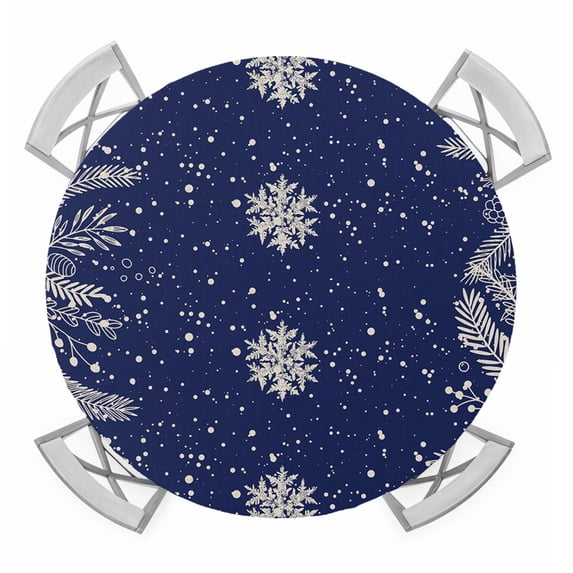 Navy Blue Snowflake Christmas Round Tablecloth for 36-44 Inch Tables,Fitted Table Cover with Elastic Edge,Rustic Xmas Botanical Waterproof Outdoor Table Cloth Protector for Patio Garden Dinner Picnic