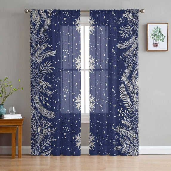 Navy Blue Snowflake Christmas Sheer Curtains 63 Inch Length 2 Panels Set, Semi Transparent Voile Rod Pocket Curtains for Living Dining Room Bedroom Drapes Rustic Xmas Botanical