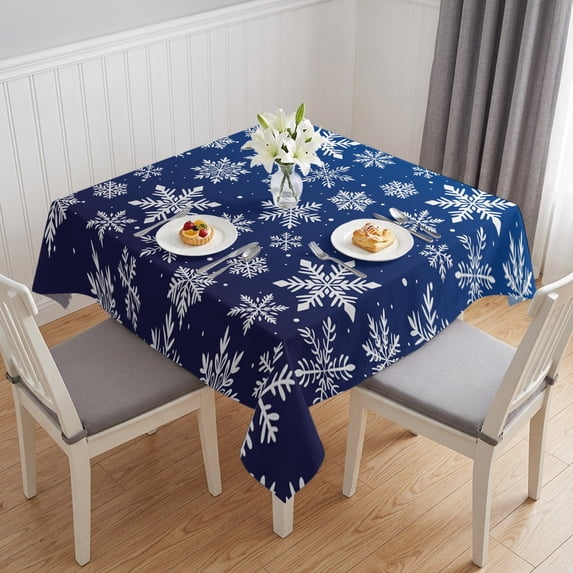 Navy Blue Snowflake Christmas Table Cloth Waterproof Tablecloths, Winter Xmas Snowflakes Tablecloth Dining Table Cover for Kitchen Party Tabletop Outdoor, Square Tablecloth 54x54 Inch