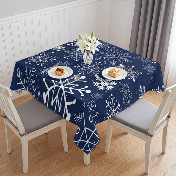 Navy Blue Snowflake Christmas Table Cloth Waterproof Tablecloths, Xmas Snowflake Tablecloth Dining Table Cover for Kitchen Party Tabletop Outdoor, Square Tablecloth 54x54 Inch