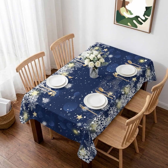 Navy Blue Snowflake Christmas Table Cloth Waterproof Tablecloths, Xmas Winter Snowflake Modern Art Tablecloth Dining Table Cover for Kitchen Party Tabletop Outdoor, Rectangle Tablecloth 60x102 Inch