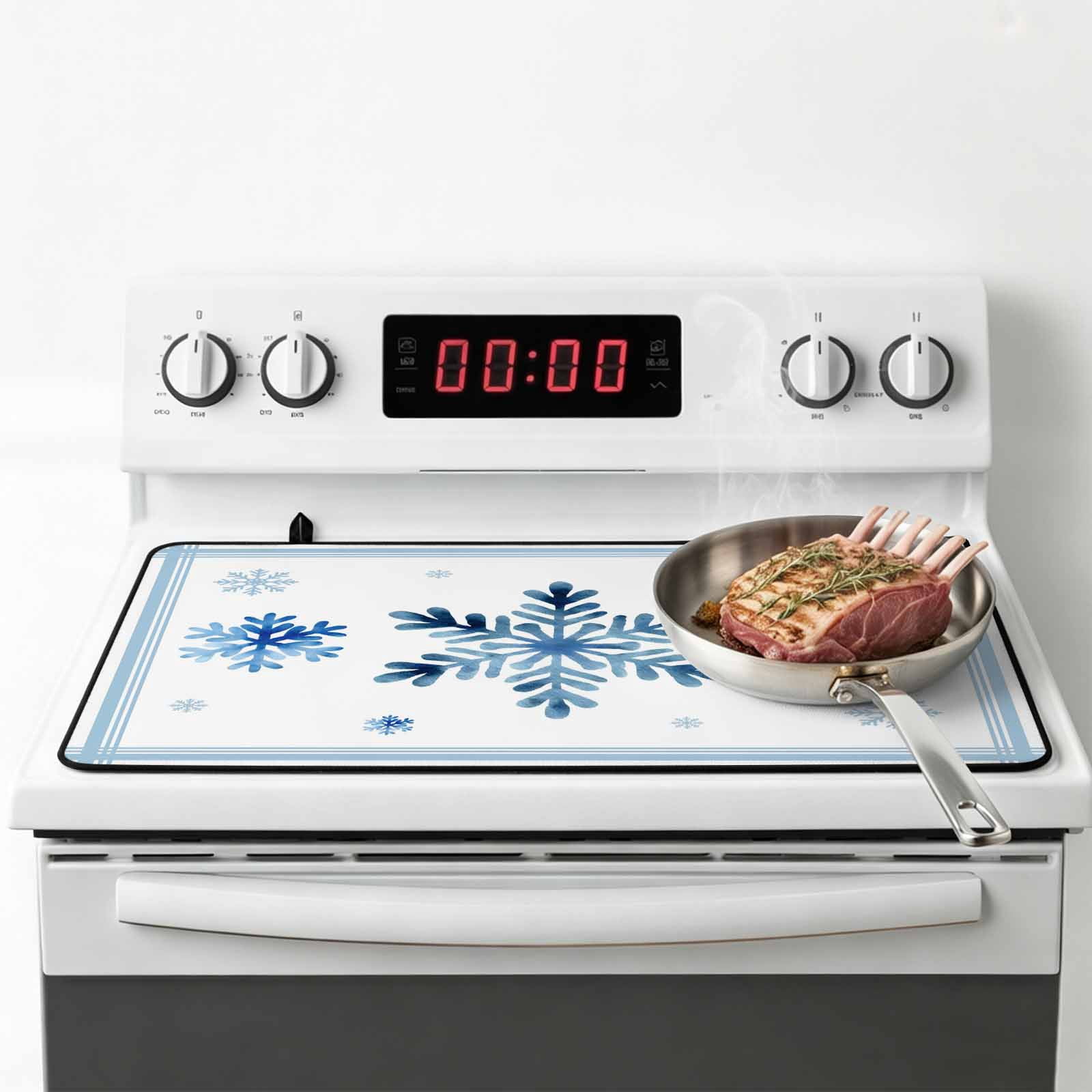 Navy Blue Snowflake Stove Top Cover for Electric Stove, Heat-proof & Non Slip Glass Top Stove Cover Protector, Christmas Winter Vintage White Stripes Kitchen Flat Cooktop Rubber Mat 24x21 Inches
