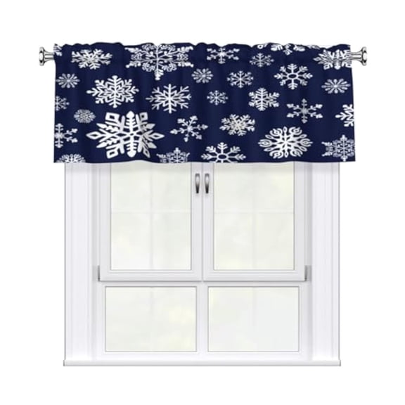 Navy Blue Snowflakes Kitchen Valances for Windows 54x18 Winter Snow Kitchen Curtains Christmas Farmhouse Window Treatment Rod Pocket Valances for Bedroom Living Room Decor