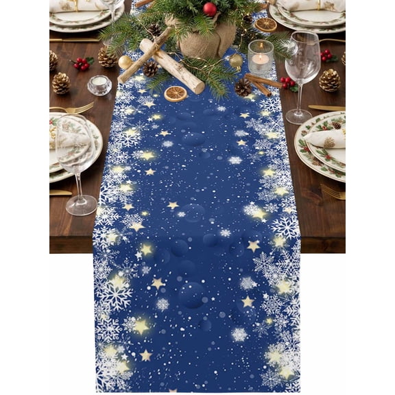 Navy Blue Snowflakes Table Runner, Christmas Winter Xmas Modern Minimalist Washable Cotton Linen Table Runners 36 Inches Long, Dresser Scarf Runner for Nightstand/End Tables/Round Tables 13''x36''