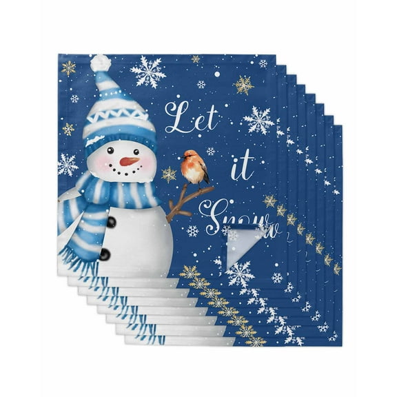 Navy Blue Snowman Christmas Cloth Napkins Washable Set of 8, Xmas Snowflake Birds Reusable Dinner Table Napkins Cloth Bulk for Weddings Kitchen Restaurants Hotel Events Parties 20 x 20 Inch